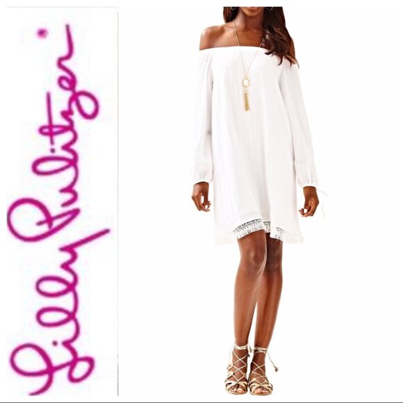 LILLY PULITZER WHITE ADIRA OFF SHOULDER LONG SLEEVE FRINGE MINI DRESS SZ: S - Picture 3 of 10